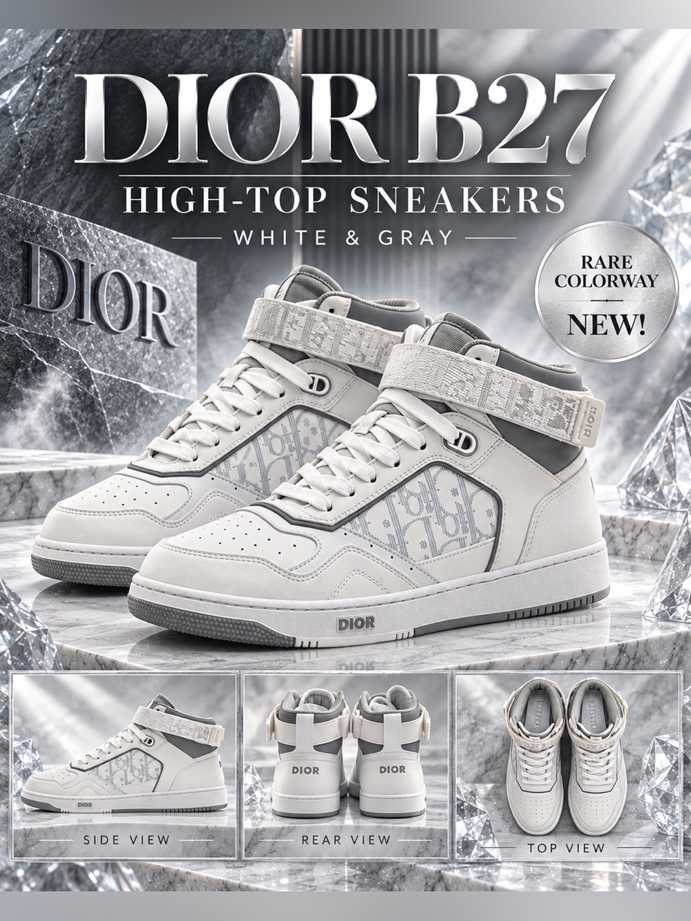 Dior B27 high-top sneakers in white and gray🔥”Rare” Colorway! New!